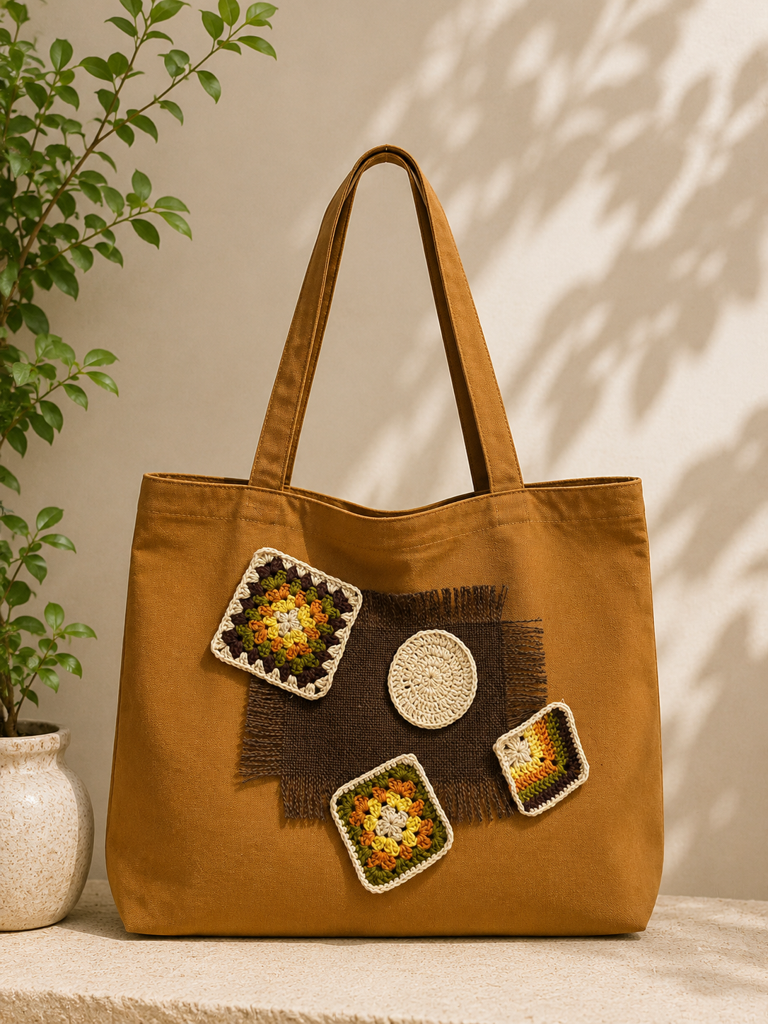 brown bag with hand made decorarions